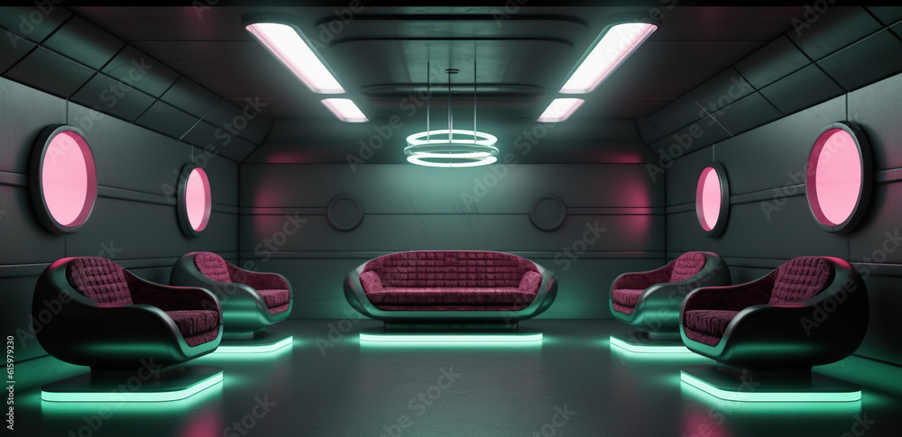 Poster a room with three chairs and a couch in it. generative ai. empty digital stage, mockup.