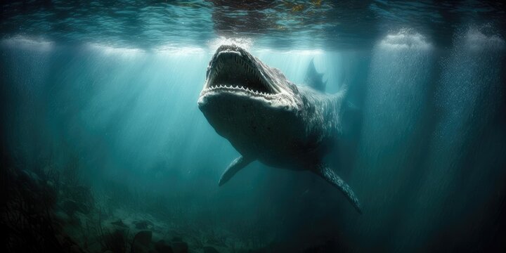 Underwater prehistoric creature or dinosaur swimming underwater. superlative generative AI image.