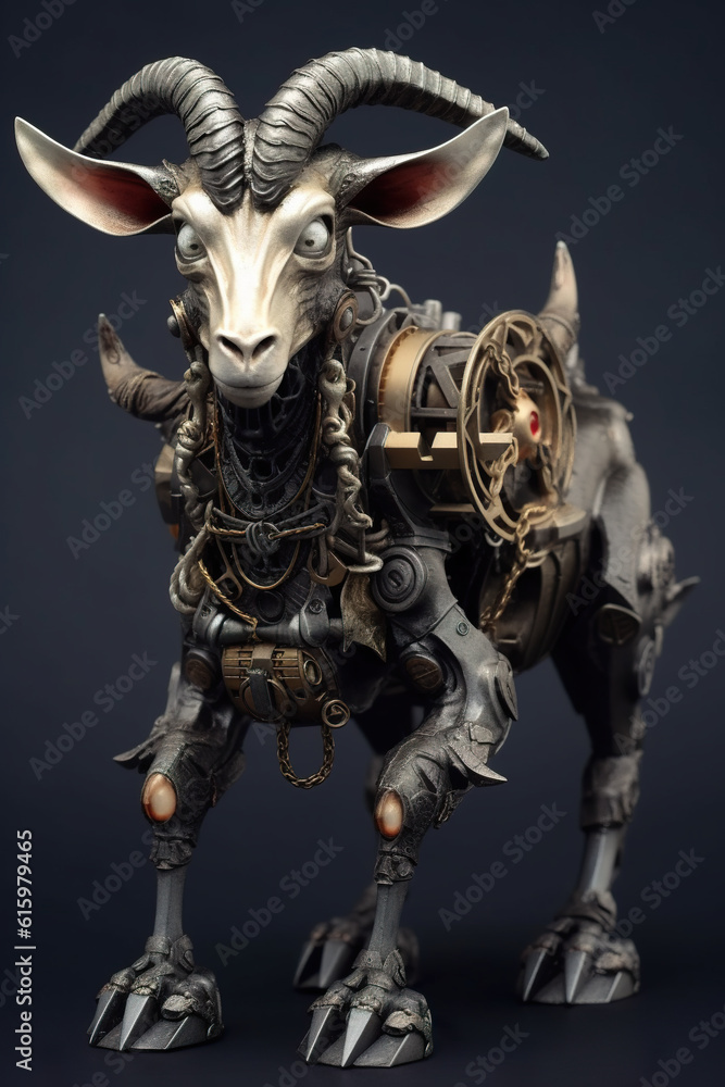 Poster a statue of a goat with horns and chains. generative ai.