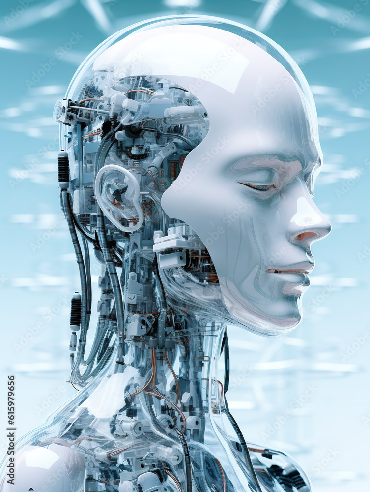 Aufkleber a close up of a robot's head with a sky background. generative ai.