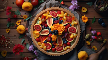 Fototapeta premium fresh fruit in a pie on a wooden table surrounded by autumn leaves and flowers, with the title overlay