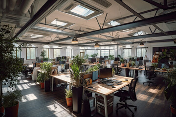 an office with lots of plants on the desks and windows looking out to the city skyline in the distance