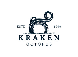 kraken octopus trident hipster vintage logo vector icon illustration © AlvinStd.
