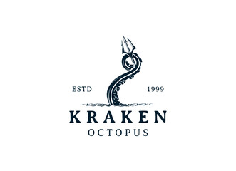 kraken octopus trident hipster vintage logo vector icon illustration