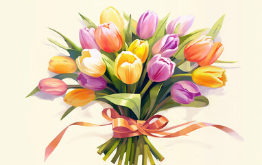 A beautiful bouquet of tulips, tied elegantly with vibrant ribbons. A wonderful gift for celebrations like Mother's Day, Father's Day, birthdays, or wedding anniversaries.  Generative AI.