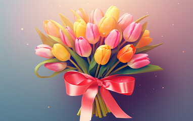 A stunning arrangement of tulips, bound together with a medley of colorful ribbons. The perfect gift for Mother's Day, Father's Day, birthdays, or wedding anniversaries. Generative AI.