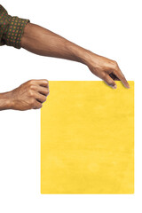 hand holding blank yellow paper card ion transparent background. design mockup, front view, clipping path, Free copy space, mask