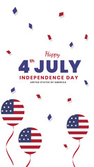 Happy Fourth of July United States Of America Independence Day Background Design with United States national flag balloon and confetti. Suitable to place on content with that theme. Vector file