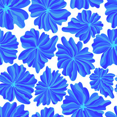 Fototapeta na wymiar Wavy flowers seamless pattern. Blue exotic plants textile surface. Floral seamless background