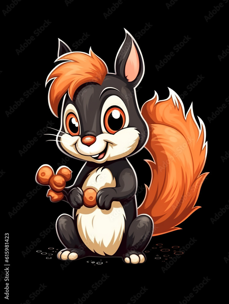 Poster a cartoon squirrel with a nut in its hand. generative ai.