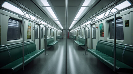 A subway car with green seats and white walls. Generative AI.