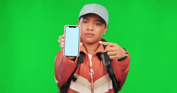 Green screen phone, thumbs down and pointing woman face with fail problem, no opinion vote or wrong decision disagreement. Mockup cellphone, chroma key portrait or female student on studio background
