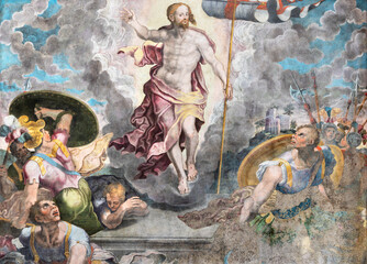 Fototapeta na wymiar NAPLES, ITALY - APRIL 23, 2023: The detail of fresco of Resurrection in the church Chiesa di San Giovanni a Carbonara by unknown mannerist painter from years (1570 - 1575).