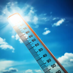 hot temperature,Thermometer on yellow sky with sun shining in summer show higher Weather, concept global warming