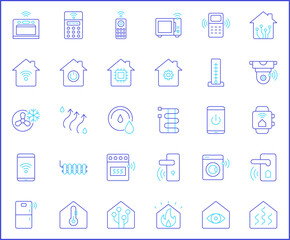 Simple Set of smart home Related Vector Line Icons. Vector collection of house, hub, door lock, sensor, control, smart watch, lighting, devices, washing machine and design elements symbols