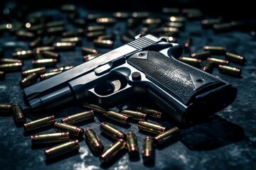 A pistol among the bullets on the concrete floor. Background with selective focus. AI generated, human enhanced