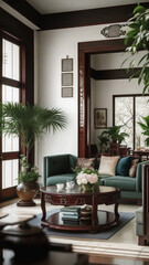 Fototapeta premium interior Chinese and Japanese style sofa coordinate stylish background Home decor apartment hotel House living Generative AI