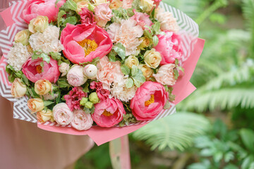 Christmas wooden box with fir branches for the holiday. The new year celebration. European flower shop