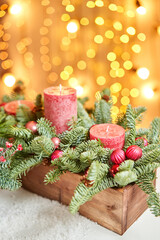 Christmas wooden box with fir branches for the holiday. The new year celebration. European flower shop