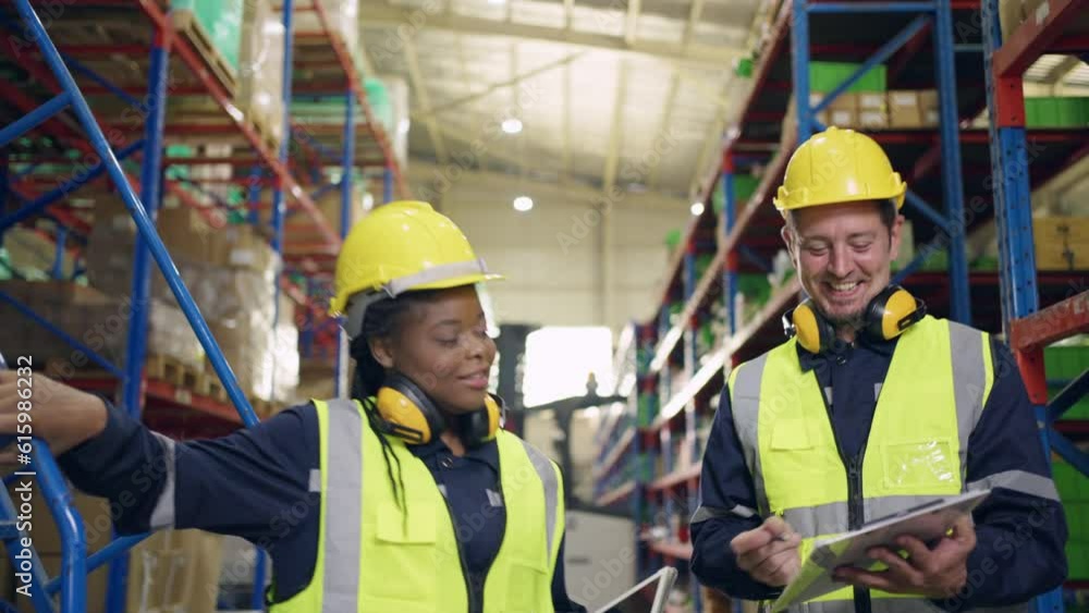 Wall mural diverse industrial worker team working in manufacturing plant together.