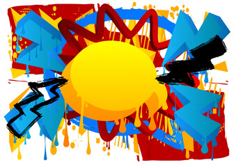 Yellow Graffiti speech bubble on colorful background. Abstract modern street art decoration backdrop performed in urban painting style.