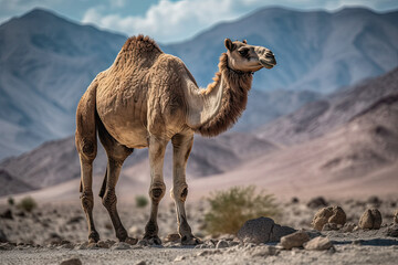 a camel standing in the desert with mountains in the back ground and blue sky behind himalas, oman