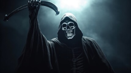 Halloween Grim Reaper reaching for camera over dark background with copy space.