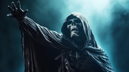 Halloween Grim Reaper reaching for camera over dark background with copy space.