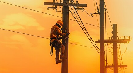 Electrical worker working on a power pole - obrazy, fototapety, plakaty