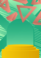 Minimal geometric light red, yellow and turquoise cylinder pedestal podium. Futuristic mockup product display. Sci-fi stage showcase for presentation. Abstract vector scene.