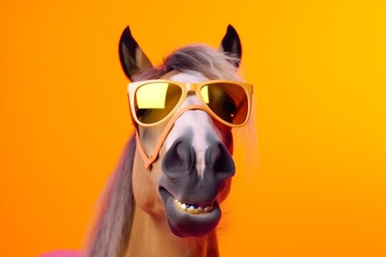 background advert goggles smile funny portrait colourful horse animal sunglasses fun. Generative AI.