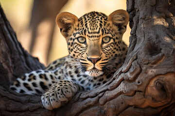 Fototapeta na wymiar a young leopard cub in a tree looking at the camera with its eyes open and it's head peeking out