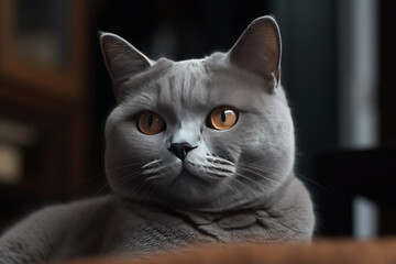 British Shorthair Cat Close Up Photo In The Living Room, Generative AI