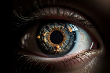 Closeup Image Of Human Eye With Reflection Of Augmented, Generative AI
