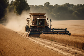 Combine Harvester Collecting Wheat in Field, Generative AI