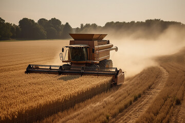 Fototapeta premium Combine Harvester Collecting Wheat in Field, Generative AI