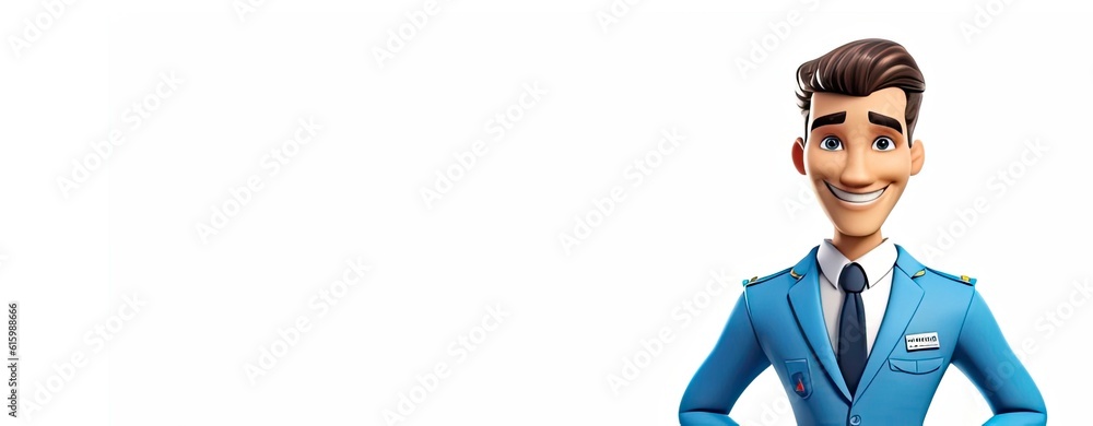 Poster caucasian man flight attendant isolated white background charming with copyspace generative ai