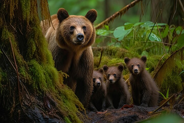 a mother bear and her two cubs in the forest with mossy green leaves on the ground, looking at the camera