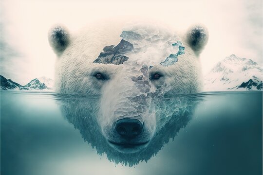 image shown by polar bear suffer due to melting ice caused by the impact of climate change on double exposure of global warming turning arctic hotter in background. Superb Generative AI.