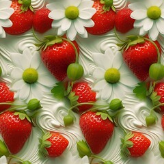 Obraz na płótnie Canvas Seamless pattern texture of juicy ripe strawberries in whipped cream with flowers. AI Generation 
