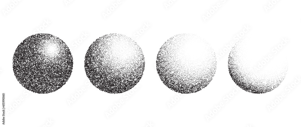 Poster Textured gradient spheres set. Black dotted circles collection. Stippled round elements pack. Fading noise grain dotwork shapes. Vanishing halftone effect illustrations bundle. Vector 