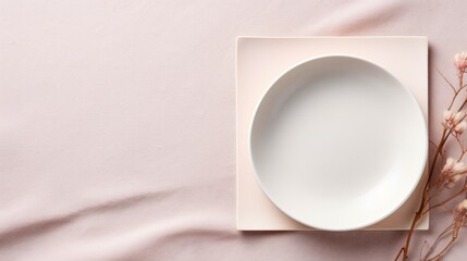 Neutral greeting card mockup. Blank paper invitation, craft envelope on ceramic plate isolated on white table background.