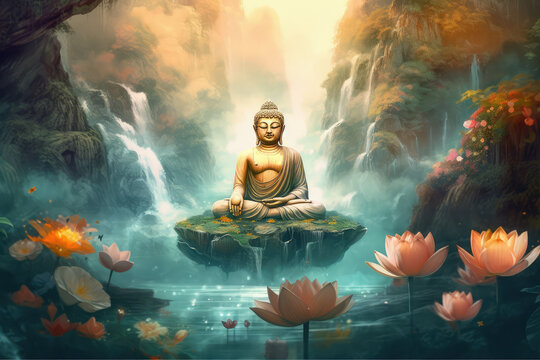 statue of buddha on a lotus flower, generative AI	