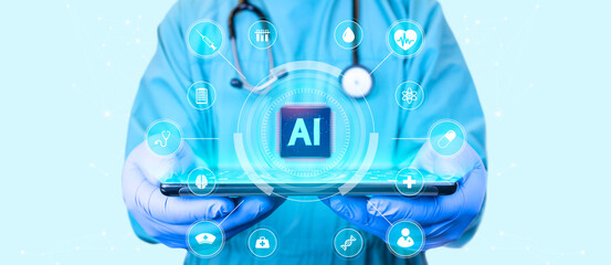 Doctor analyzes an artificial intelligence processor on a light blue background. AI development concept for healthcare. Intelligent AI learning system in medicine.