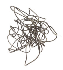 Tangle Mess Complicated Climbing Rope roll fly in air. Strong safety climbing rope for sport mountain hobby, need safety gear to lock hold weight of climber rope. White background isolated