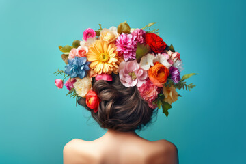 Back of a head with flowers in their hair, Generative AI
