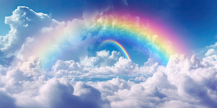 Beautiful pastel cloudscape with rainbows. Fluffy clouds in the sky. Horizon from a plane. Weather and overcast dawn.	