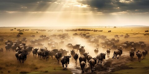 Cinematic African landscape. Sahara grasslands. Sunrise over the desert plains. Safari views. - obrazy, fototapety, plakaty
