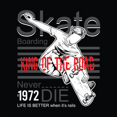 T-shirt design with hand drawn illustration of boy flying on skateboard
