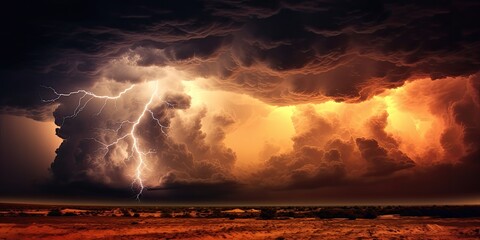 Cinematic dramatic stormy cloudscape. Fluffy clouds with lightning and thunder in the sky. Horizon from a plane. Weather and overcast dawn.	